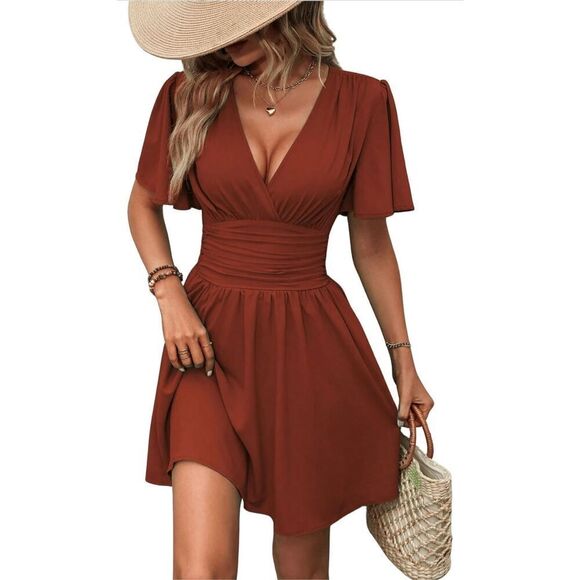 NEW Ruched A Line Wrap Mini Short Sleeve V Neck Swing Dress S - Picture 1 of 5